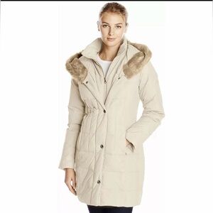 Larry Levine Down Filled Coat Beige Faux Fur Trimmed Hood
Winter Coat Size Large